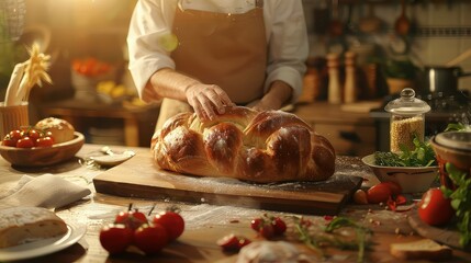 Chef's hands with freshly baked fragrant bread with a crispy crust. Baking mastery results in a loaf that is both visually stunning and delicious. - obrazy, fototapety, plakaty