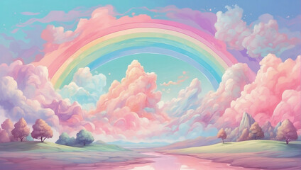 Pastel rainbow transitioning through cotton candy pink, mint green, baby blue, and lavender. Whimsical fairytale landscape with a soft, ethereal glow.