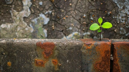 Green sprout thriving on a rusty metal surface