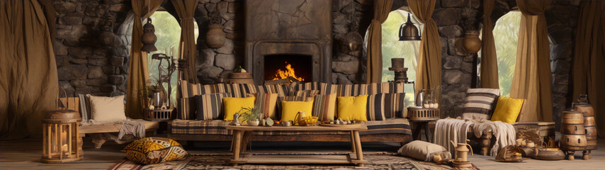 Fototapeta na wymiar Living room interior with fireplace, sofa, table, chairs, and decorations in rustic style