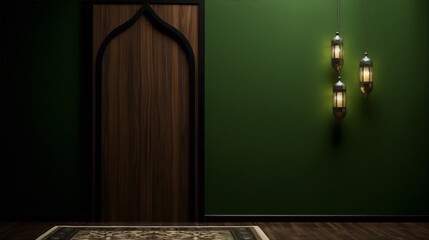 3D rendering of a dark room with a wooden door and hanging Morrocan lamps - obrazy, fototapety, plakaty