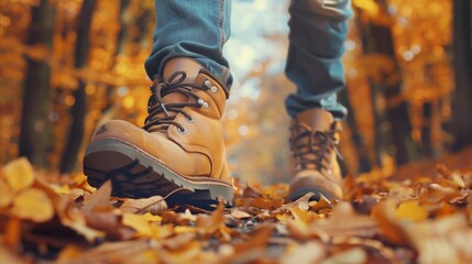 Hiking boots stepping on autumn leaves in the forest