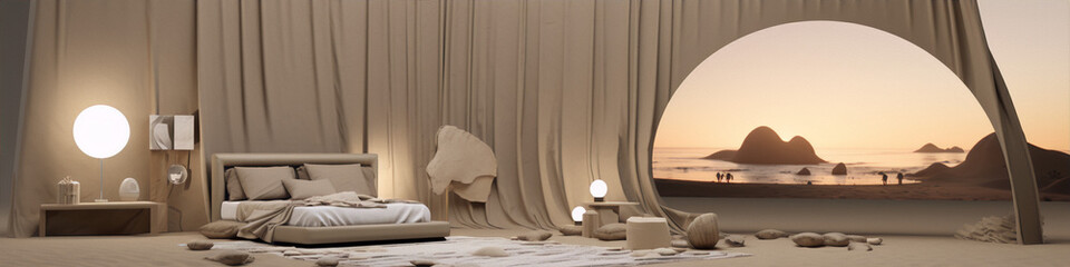 3D rendering of a bedroom with a large window looking out onto a beach at sunset in a minimalist style with neutral colors. - obrazy, fototapety, plakaty