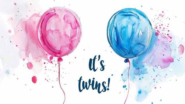 Pregnancy announcement concept illustration. Baby gender reveal party concept. Two watercolor painted balloons with paint splashes. Pink and blue colored - for girl and boy twins.
