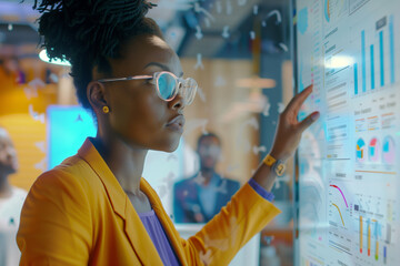 Diverse Modern Office: Black Businesswoman Leads Business Meeting with Managers Talks Explains Statistics Uses a Whiteboard with Graphs Big Data. Digital Entrepreneurs Work on eCommerce Project - obrazy, fototapety, plakaty