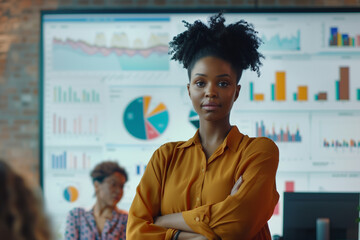 Diverse Office Conference Room Meeting: Successful Black Female Executive Director Presents e-Commerce Fintech Growth Statistics to a Group of Investors. Whiteboard with Big Data Analysis