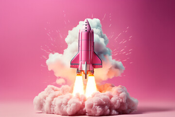 a pink rocket taking off from clouds of smoke