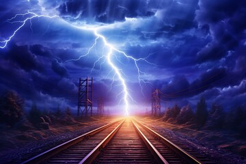 a lightning striking a train track - obrazy, fototapety, plakaty