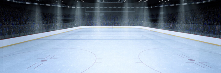 3d render of empty ice hockey rink with illuminated surroundings and spectator stands. Flyer for advertising sports event, hockey match. Concept of season ticket sales for local ice hockey team - obrazy, fototapety, plakaty
