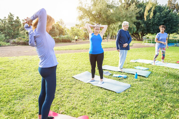 Multiracial senior people doing workout exercises outdoor with city park in background - Healthy...