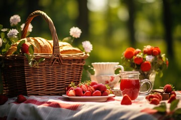 a picnic table with strawberries and a basket of bread