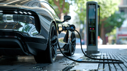 high resolution close-up HEV car charging at the station