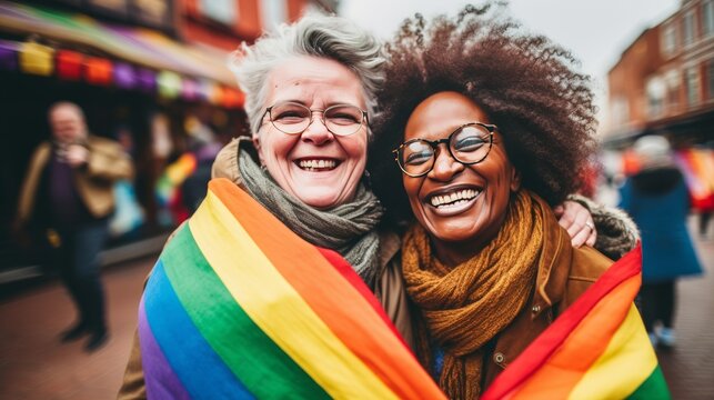 Smiling senior African and caucasian LGBT women, pride parade, rainbow flags, concept of equal, banner
