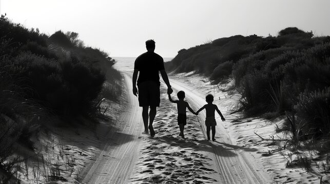 Father walking with children on a sandy beach path