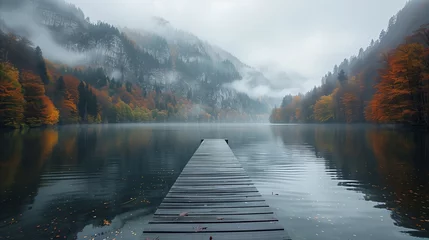Plexiglas foto achterwand Serene autumn lake surrounded by foggy mountains with wooden dock © Mustafa