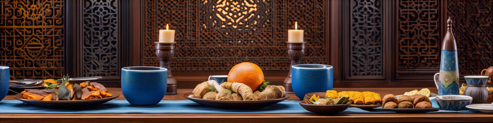 Still life of a table set with traditional Uzbek food, candles and blue patterned pottery. - obrazy, fototapety, plakaty