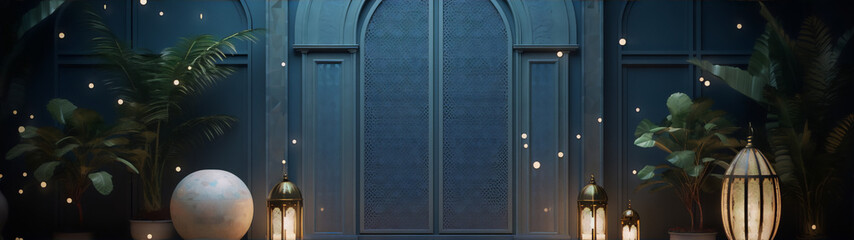 3D rendering of a blue patterned door with intricate details, surrounded by glowing lanterns and palm trees against a dark blue background.