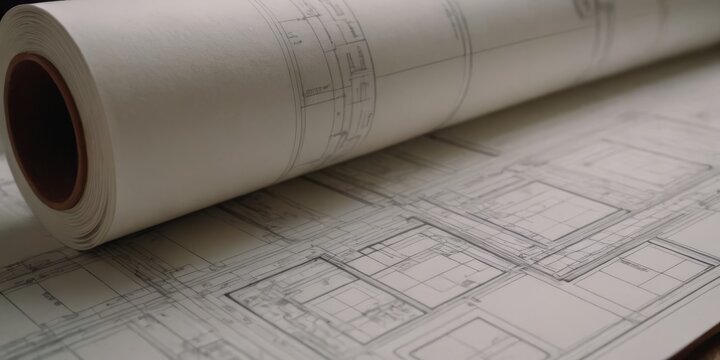 Paper architectural drawings and blueprint