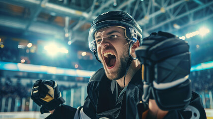 A victorious hockey player exults amidst the roar of the stadium, celebrating the win passionately in a black jersey, embodying the emotional triumph of the game.