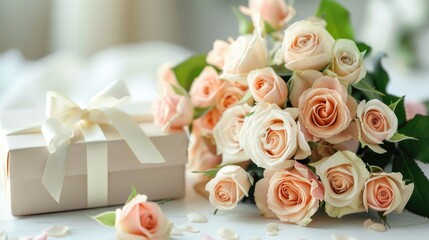 Obraz premium A bouquet of roses and a gift on a bed