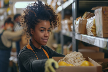 Portrait of a Black Latina Female Volunteer Preparing Free Food Delivery for Low Income People. Charity Workers and Members of the Community Work Together in Local Humanitarian Aid Donation Center. - obrazy, fototapety, plakaty