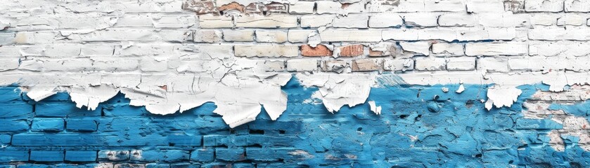 Blue white colored painted damaged rustic brick wall