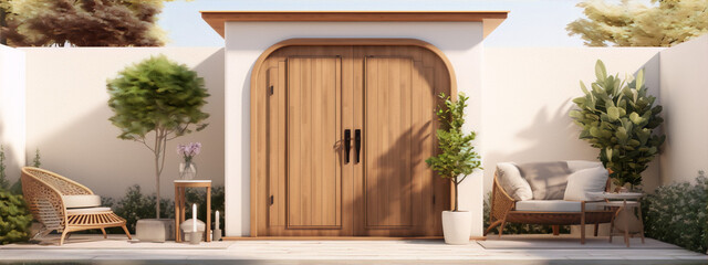 3d illustration of a house exterior with a wooden door, plants, and a sitting area in a minimalist style with neutral colors
