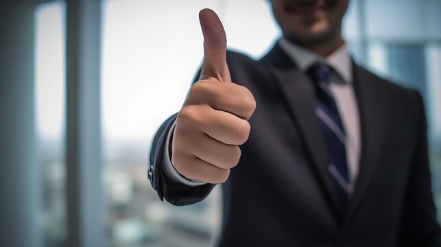 Bussinessman giving tumbs up in office blur background