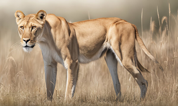 a lioness stood tall in a wide grassland with sharp eyes looking ahead