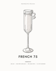 French 75. Alcoholic French cocktail with champagne and gin, garnished with lemon zest. Refreshing drinks in an elegant glass. Illustration for drinks cards, bar and wedding menus.