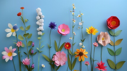 Blooming Paper Flowers on Blue Background
 - obrazy, fototapety, plakaty