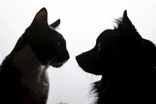 Silhouette of cat and dog on white background.