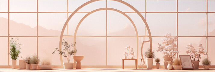 3D rendering, interior design, living room, arch, plants, pink, beige, white