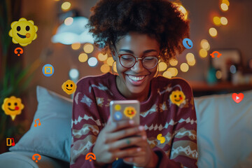 Social Media Visualization Concept: Happy Black Woman Uses Smartphone at Home. 3D Representation of Social Media Posts Smiley Faces e-Commerce Online Shopping Digital Icons Flying Around the Device