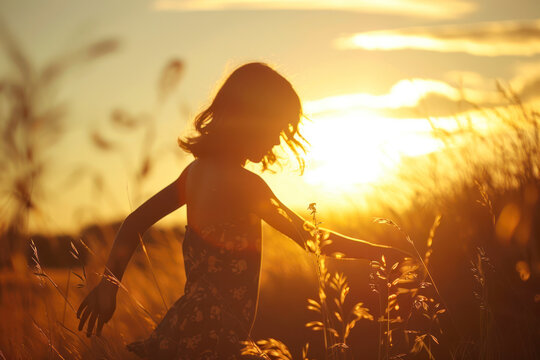 Silhouette of a young girl dancing at sunset.
