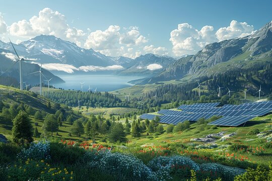 Panoramic eco-friendly energy farm amidst nature