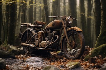 a rusted motorcycle in a forest