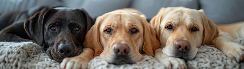 Family of Labradors with loving hand touch wide lens homely comfort soft lighting - obrazy, fototapety, plakaty