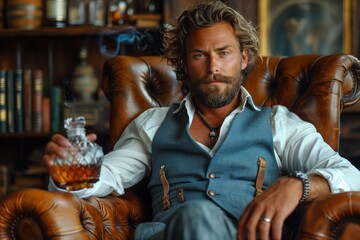 Muscular man with a beard sits holding a whiskey decanter