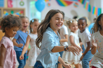Young Kindergarten Teacher and Cute Multiethnic Children Having Fun. Joyful Kids are Dancing with Their Daycare Pedagogue Boys and Girls Having a Party at Daycare Preschool - obrazy, fototapety, plakaty