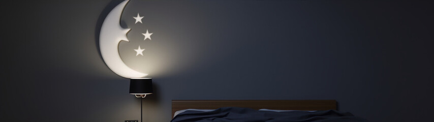 3D rendering of a crescent moon and stars on a bedroom wall with a lamp on a nightstand - obrazy, fototapety, plakaty