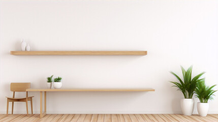 3D rendering of a minimalist living room with a wooden table, chair, shelf, and plants. - obrazy, fototapety, plakaty