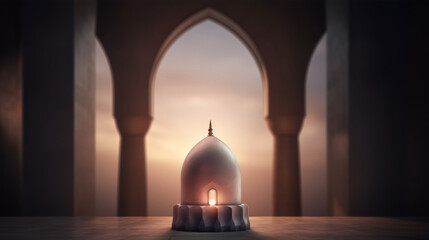 3D rendering of a glowing mosque with intricate details and a warm color palette. - obrazy, fototapety, plakaty