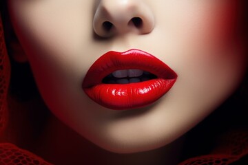 Glossy Red sexy lips. Female mouth fashion. Generate AI