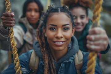 Group of diverse individuals working together using rope for team building. Concept Team Building, Diversity, Collaboration, Trust Building, Outdoor Activity