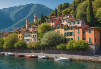 Scenic view of colorful houses by the lake surrounded by green hills under blue sky