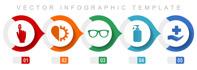 Medical flat design infographic template, miscellaneous symbols such as oximeter, hospital, glasses, soap and heart, vector icons collection