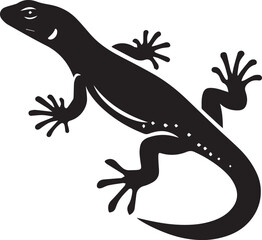 Black silhouette of lizard and geckos in different poses surrounded by foliage and floral elements