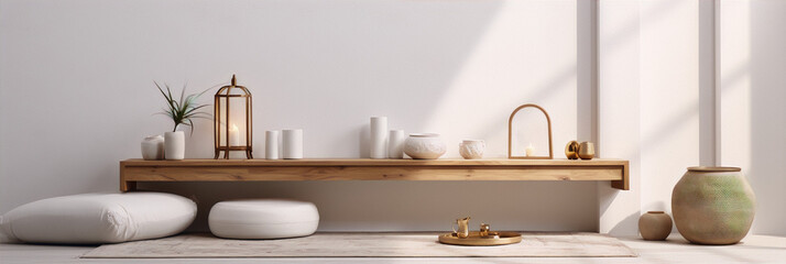 Still life photography of a wooden shelf with white and gold decor against a white wall with a white and beige floor. - obrazy, fototapety, plakaty