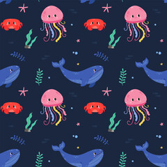 Cute seamless vector pattern with marine animals, marine life, crab, whale, shark, octopus, cute baby pattern